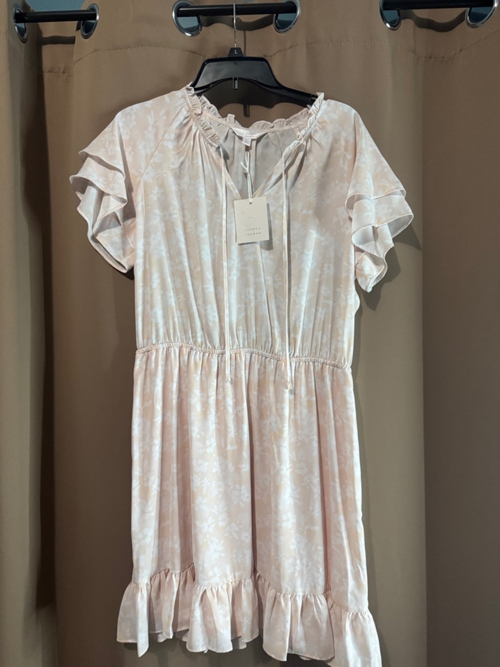LC Lauren Conrad Blush Floral Ruffle-Sleeve Tie-Neck Dress